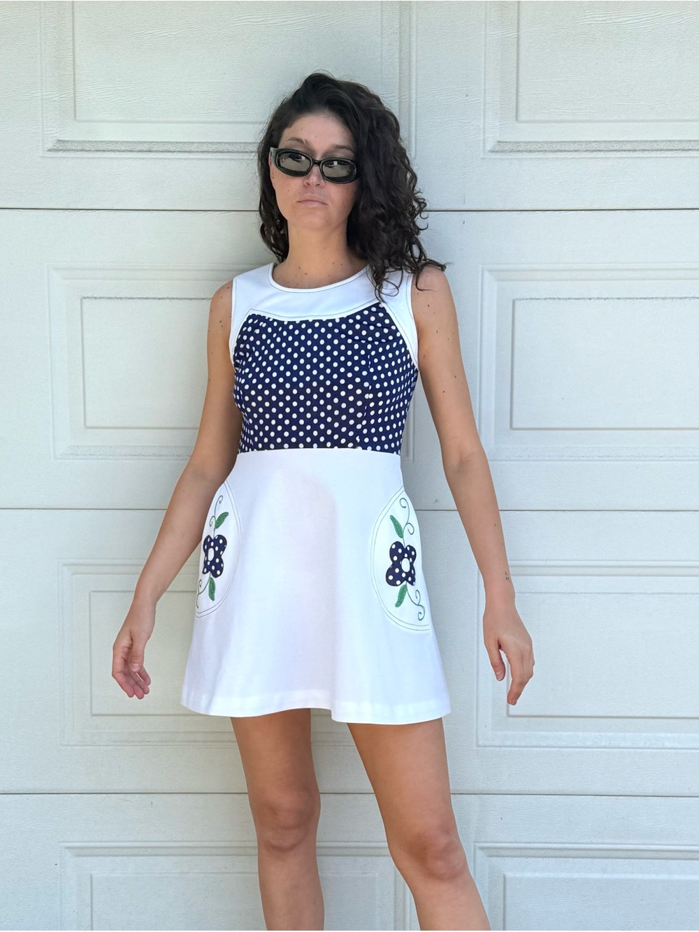 Vintage 70s Sleeveless White Mini Dress with Navy Polka Dot Bodice Scooter